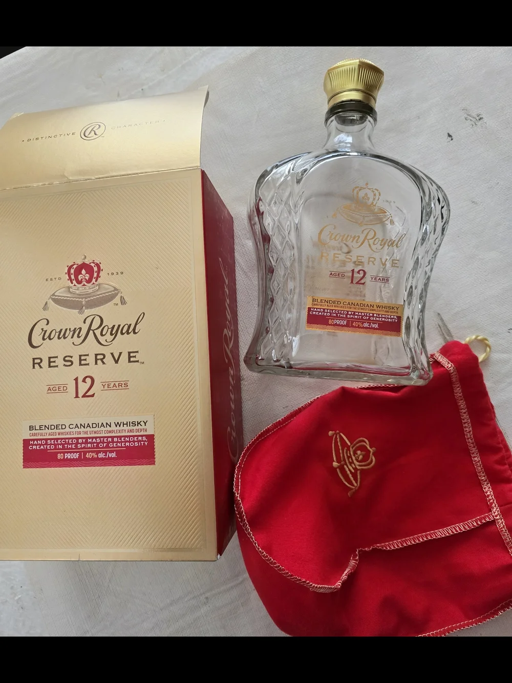 Crown Royal Reserve 12 Year Whisky Bottle with Red Velvet Bag Empty